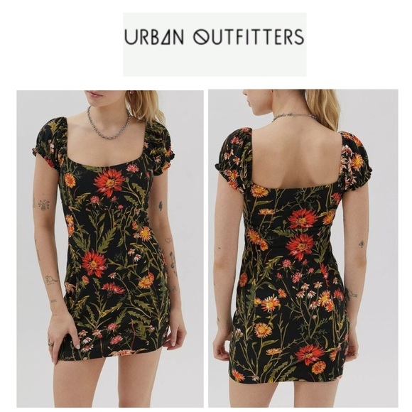 Urban Outfitters Black Tropical Floral Body-con Mini Dress S - Picture 1 of 13